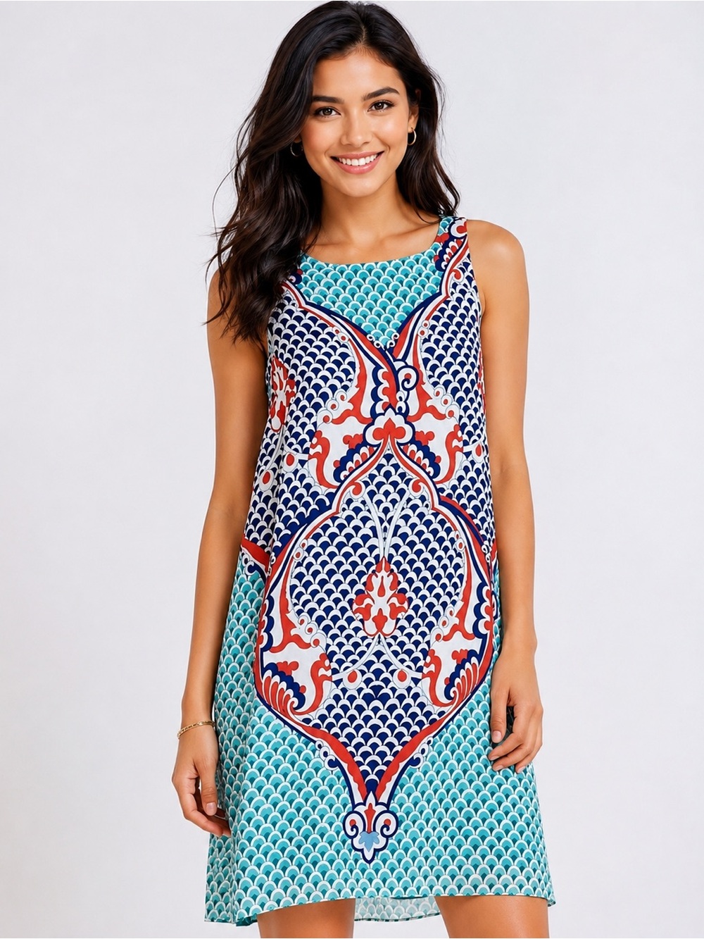 Max Studio Scarf Print Shift Aqua Blue Coral Sleeveless A-Line dress size S